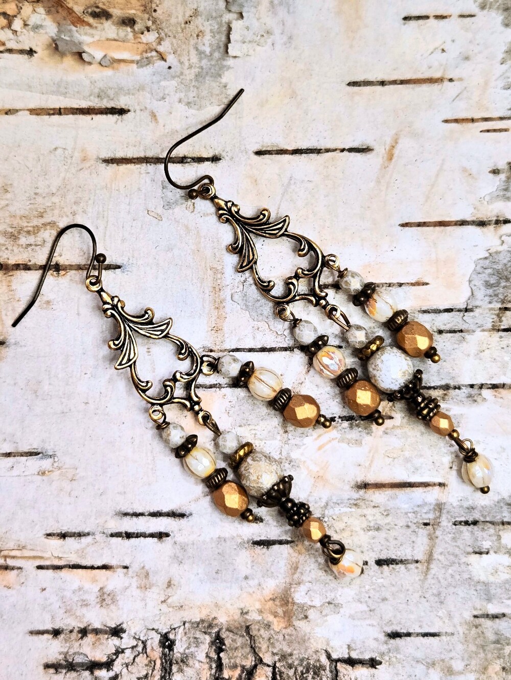 Victorian Rustic White & Etched Gold Glass In Feminine Antique Bronze Earrings
